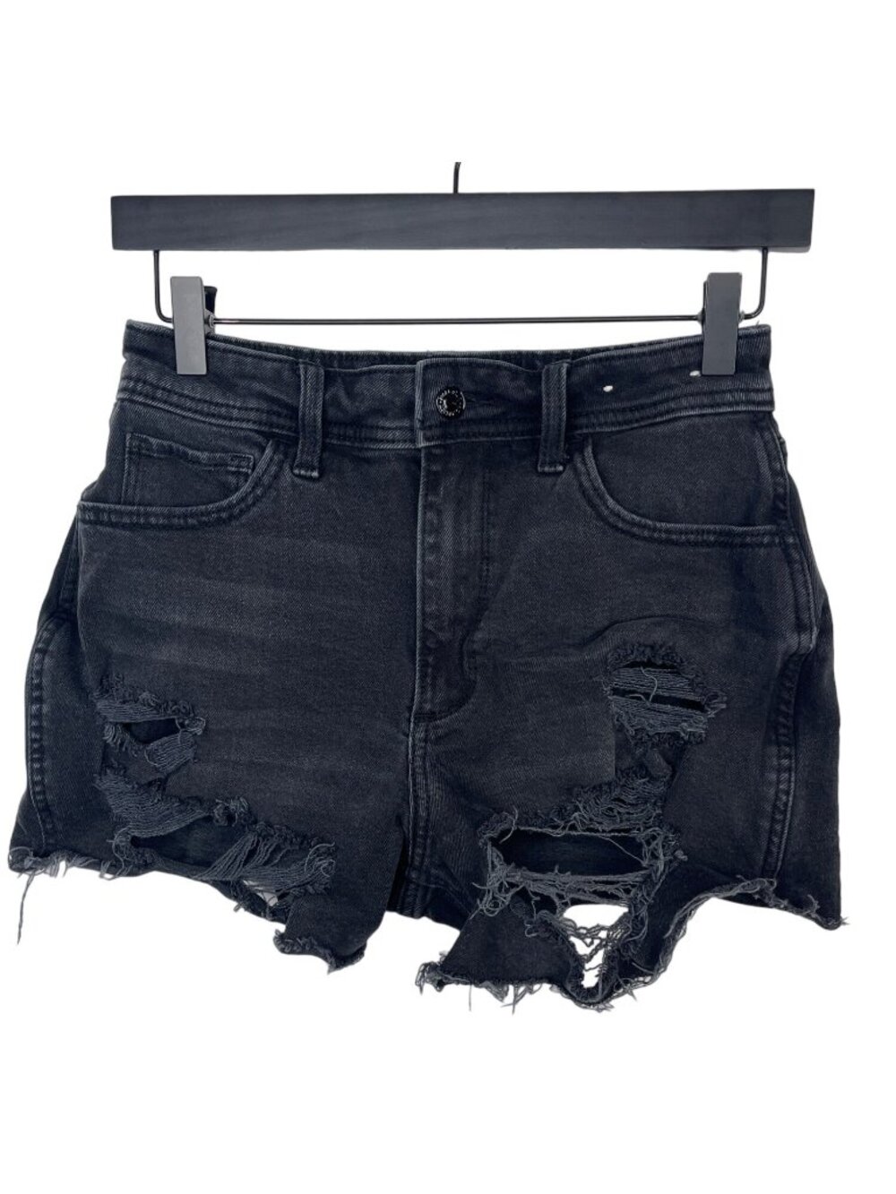 Hollister Women's High Rise Curvy Denim Shorts Black Ripped Raw Hem Size 26
